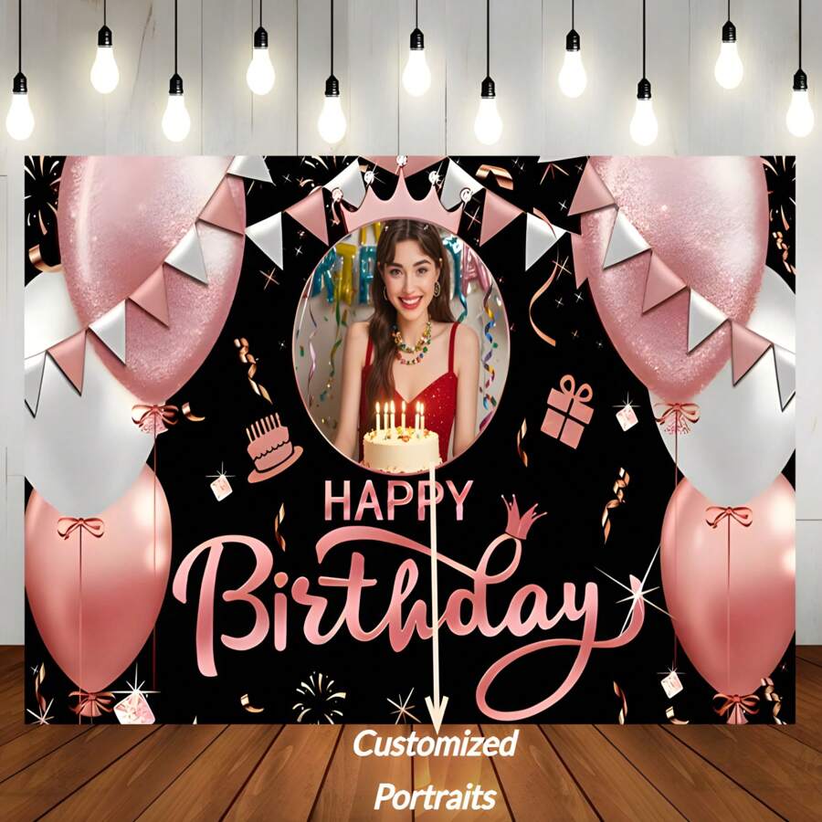 Decoración personalizada para fotografías: Globo de cumpleaños de oro rosa, telón de fondo de tela, corona de princesa de strass de oro rosa, banner de vinilo para decorar la mesa del pastel en la fiesta de cumpleaños
