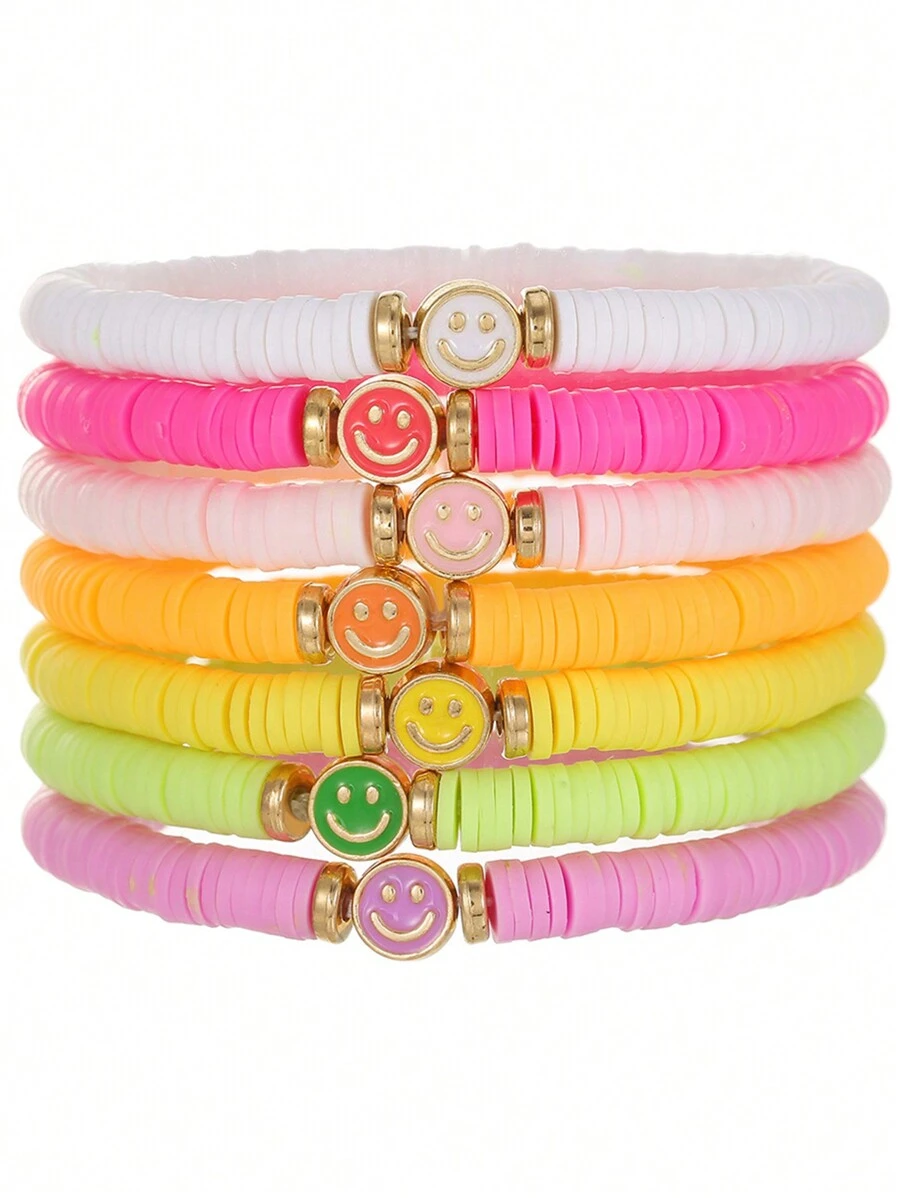 7pcs/Set Boho Style Multicolor Alloy Smiling Face Clay Bead Bracelets, Suitable For Girls Daily Wear, Party