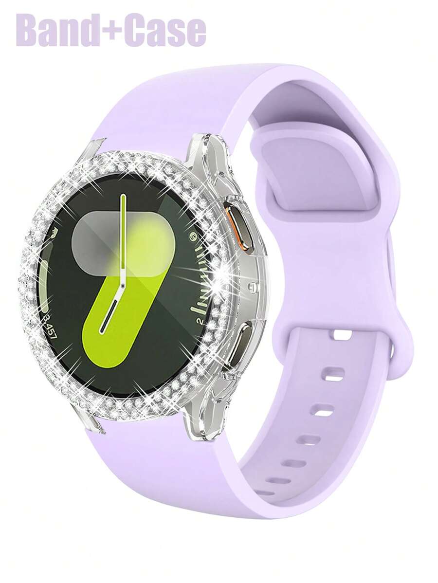 Ensemble de bracelet et étui compatible avec Samsung Galaxy Watch, pour femmes, doux, imperméable, avec boucle à rivets. Bracelet en silicone pour sport + étui en PC brillant incrusté de diamants, résistant aux chocs et aux rayures, compatible avec les séries Samsung Galaxy Watch 4/5/6/7 40MM 44MM