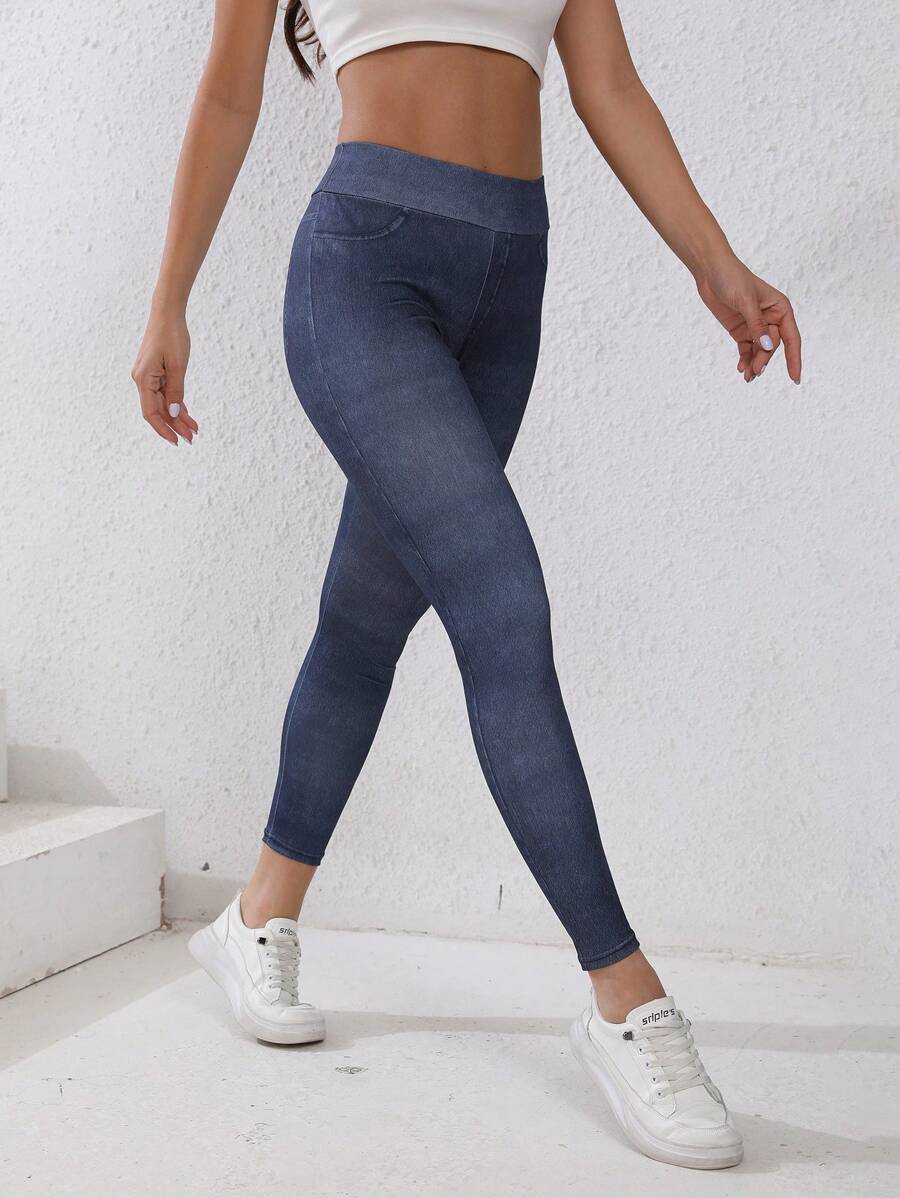 Women's Blue Denim Effect Print Shapewear Leggings, High Waisted Tummy Control Yoga Pants For Gym Sports Outdoor