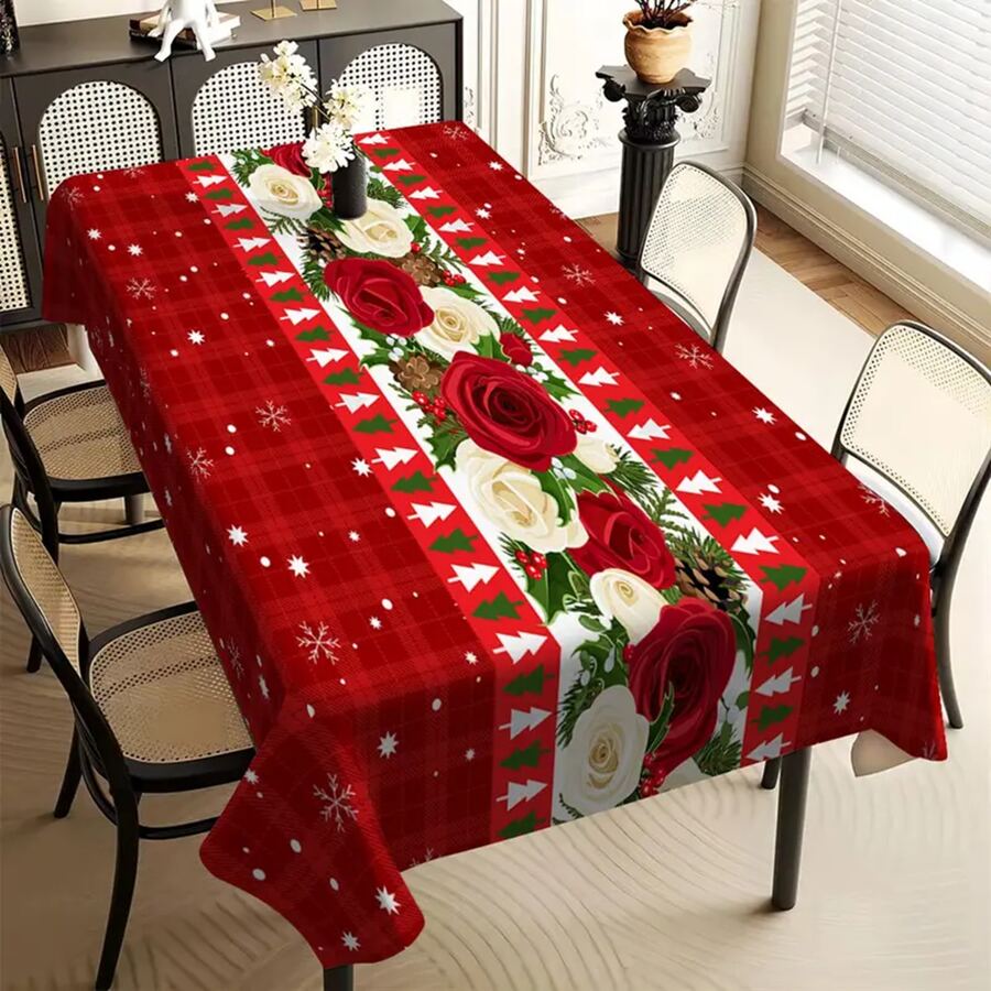 1 pièce Nappe imperméable et résistante aux taches avec thème de Noël - Design à motif en treillis de rose et flocons de neige - Polyester sans froissage, parfait pour les repas intérieurs/extérieurs, les fêtes, les buffets, les mariages