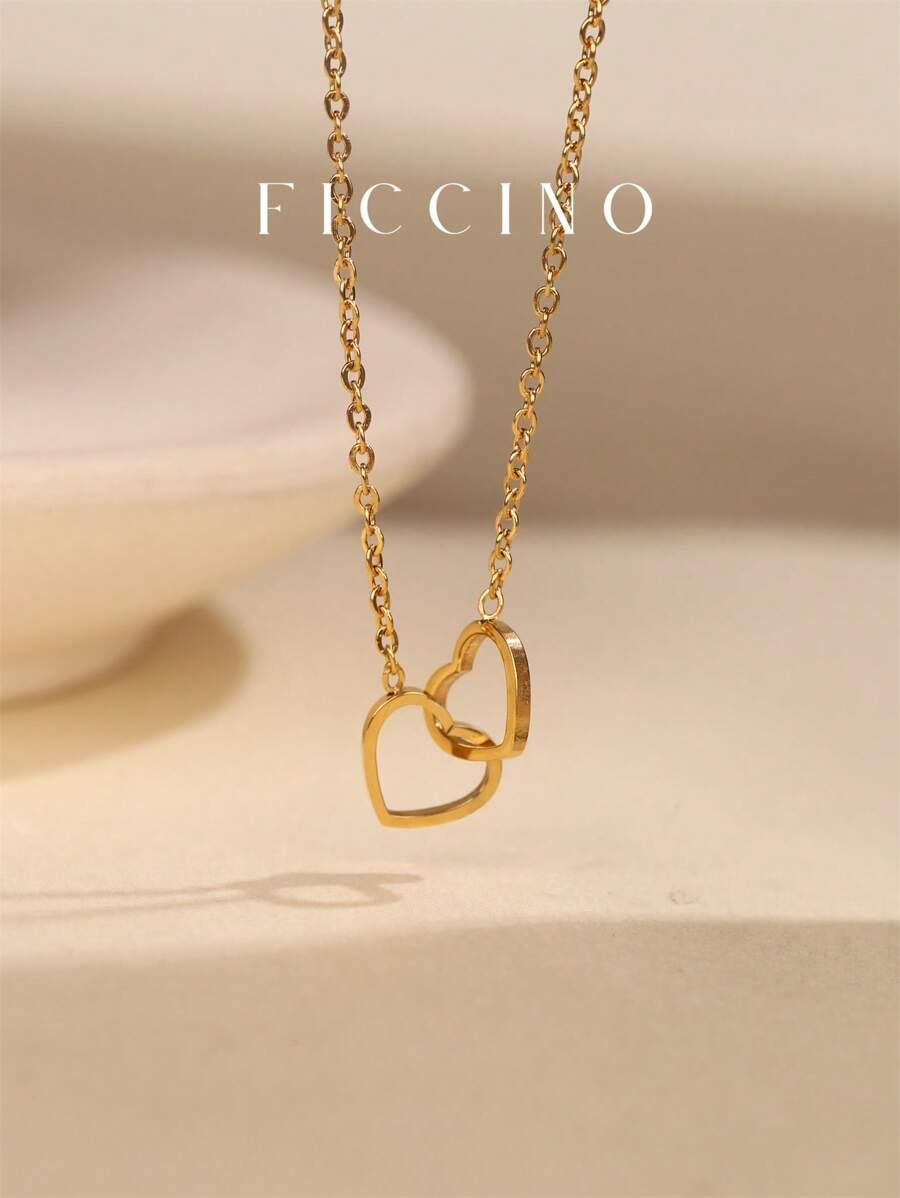 FICCINO FICCINO Titanium Steel Gold-Plated Double Heart Wrap Pendant Necklace, O-Shape Daily Versatile Choker Necklace, Valentines/Anniversary Gift With Gift Box Valentines,Mom,Mother,Mother's Day,Gift