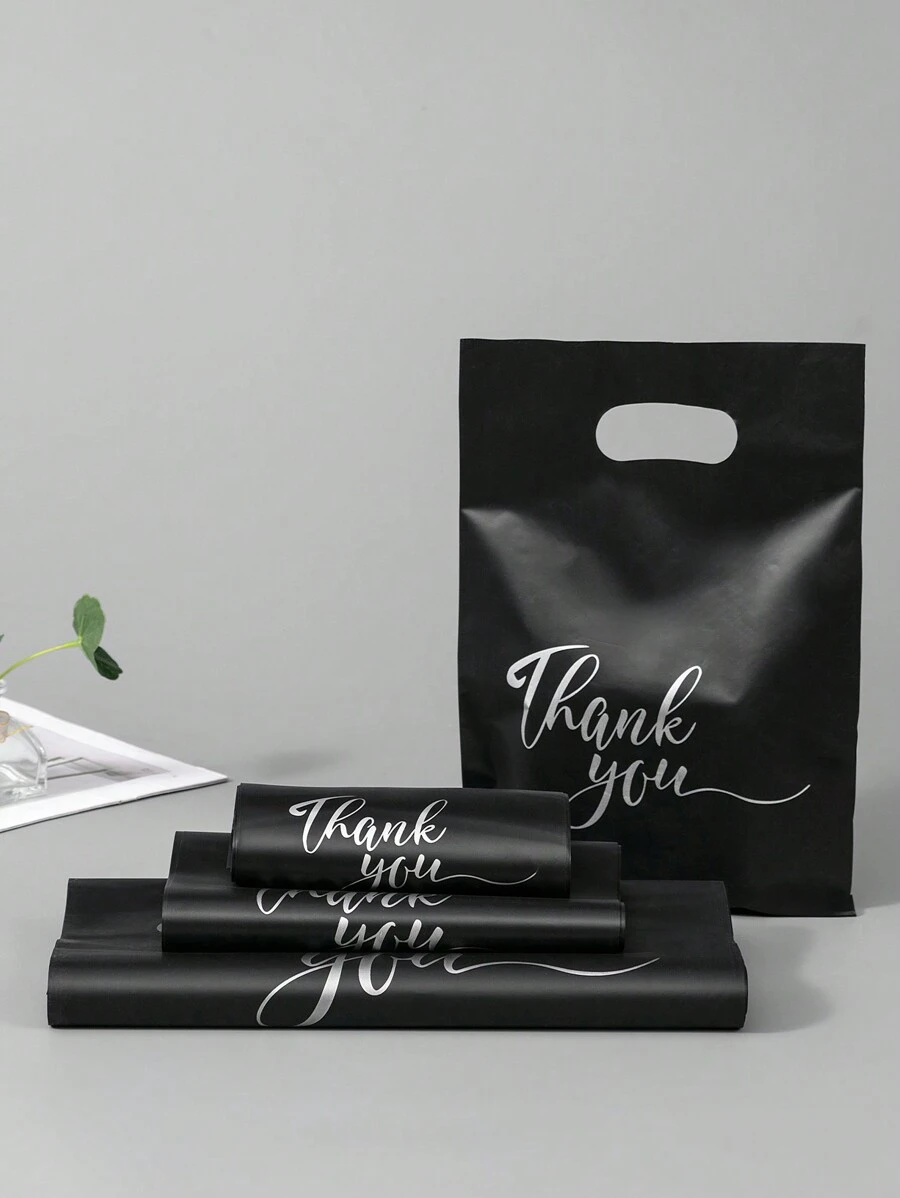 10pcs Black Thank You Gift Bags, Plastic Bags For Small Business, Shopping Bags, Ideal For Festival, Birthday, Party Favors, Wedding Gift Packaging, Suitable For Gifts, Parties, Shops, Boutiques, Etc. Back To School Valentine Day