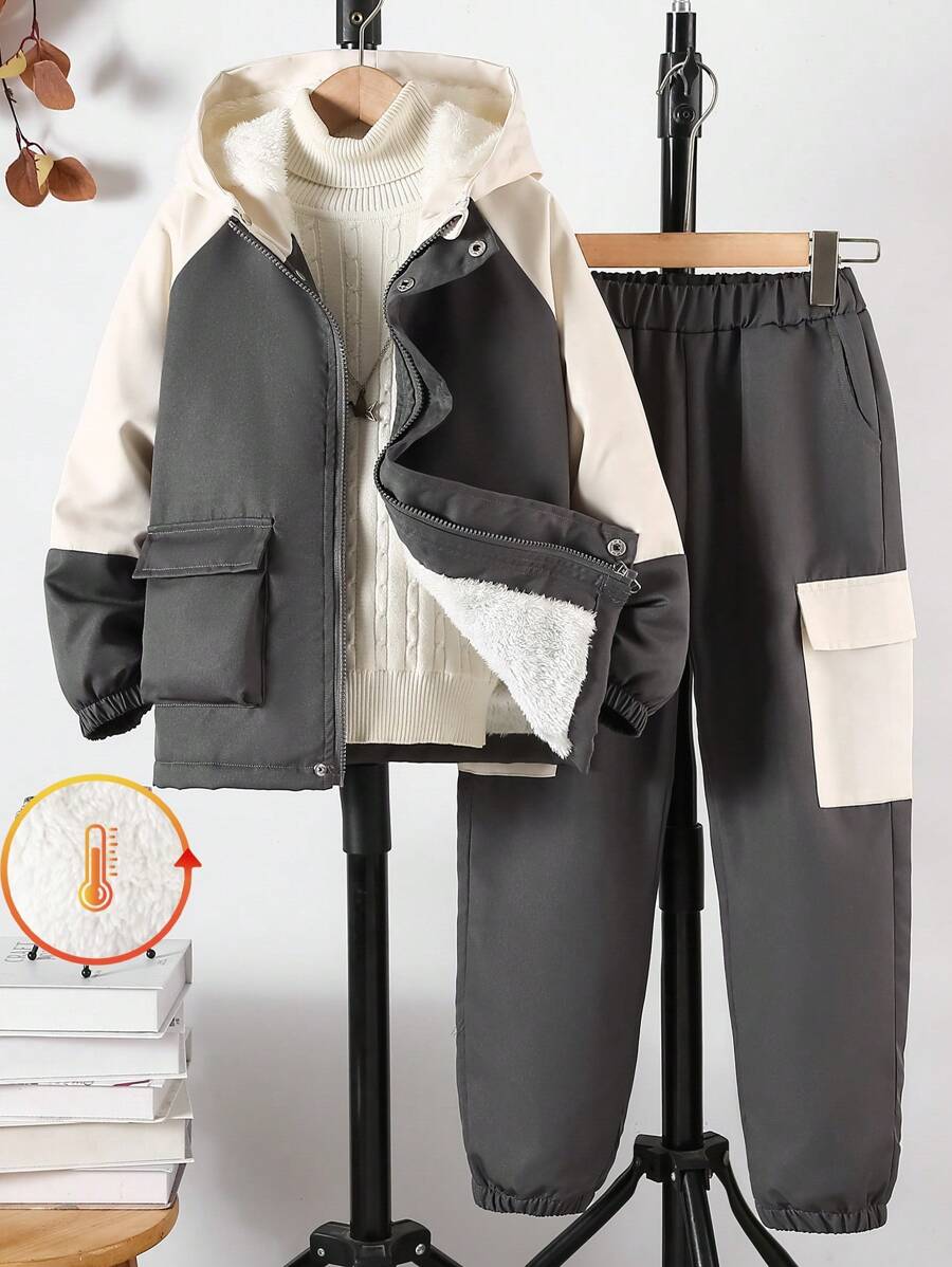2pcs Tween Boy Casual Patchwork Workwear Long Sleeve Top And Cargo Pants Set