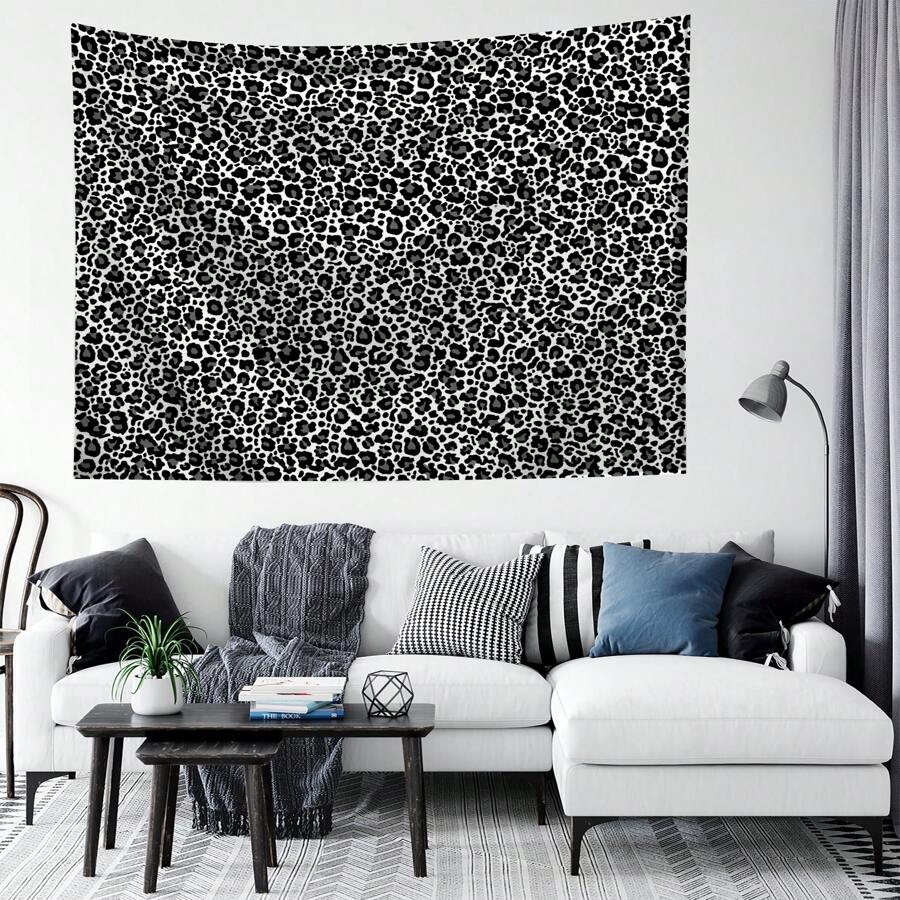 1pc Black & White Leopard Print Tapestry, Polyester Wall Hanging Decor For Living Room, Bedroom, Office, Home Decor, Party, Rectangular Printed Kitchen Wall Hanging Cloth With Drape, Comes With 3 Wall Nails & 2 Clips, Room Decor, Flags For Room, Tapestry Wall Tapestry