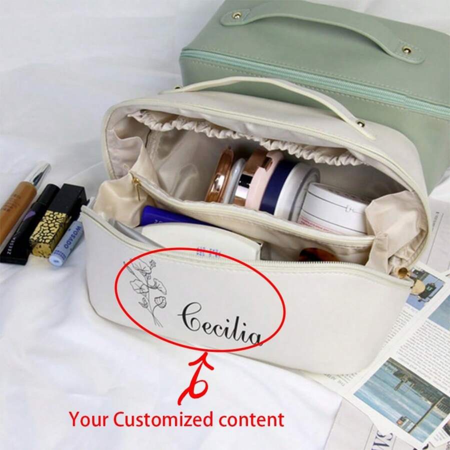 Bolsa de maquillaje personalizada para novia - Caja de almacenamiento de cosméticos de piel sintética personalizada con gran capacidad, adecuada para mujeres, ideal como regalo para damas de honor y Navidad, bolsa de maquillaje, accesorios de viaje