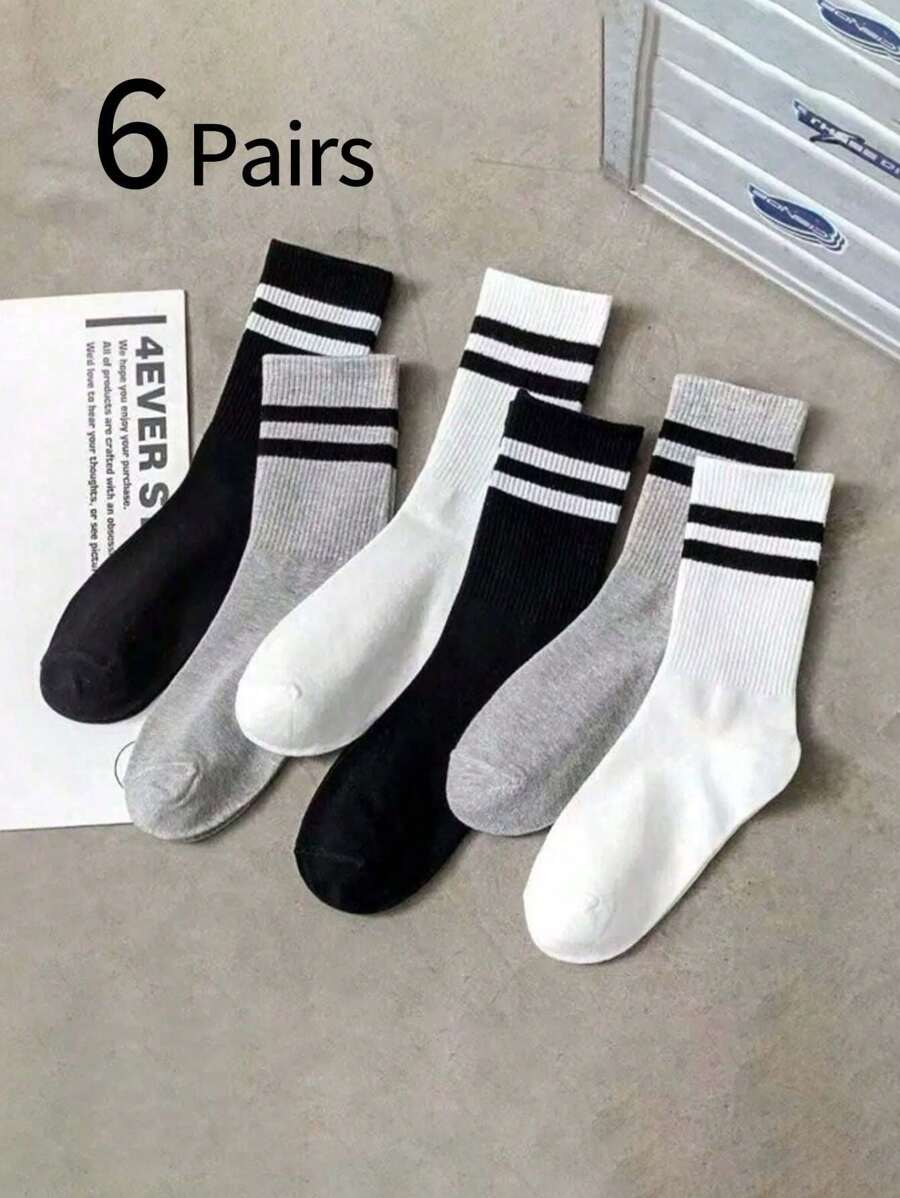 Set de 6 pares de calcetines a rayas negros, blancos y grises para niños y adolescentes, casuales y deportivos, como regalos para niñas, niños, mamá, papá, ropa de invierno para niñas y niños, regalos navideños