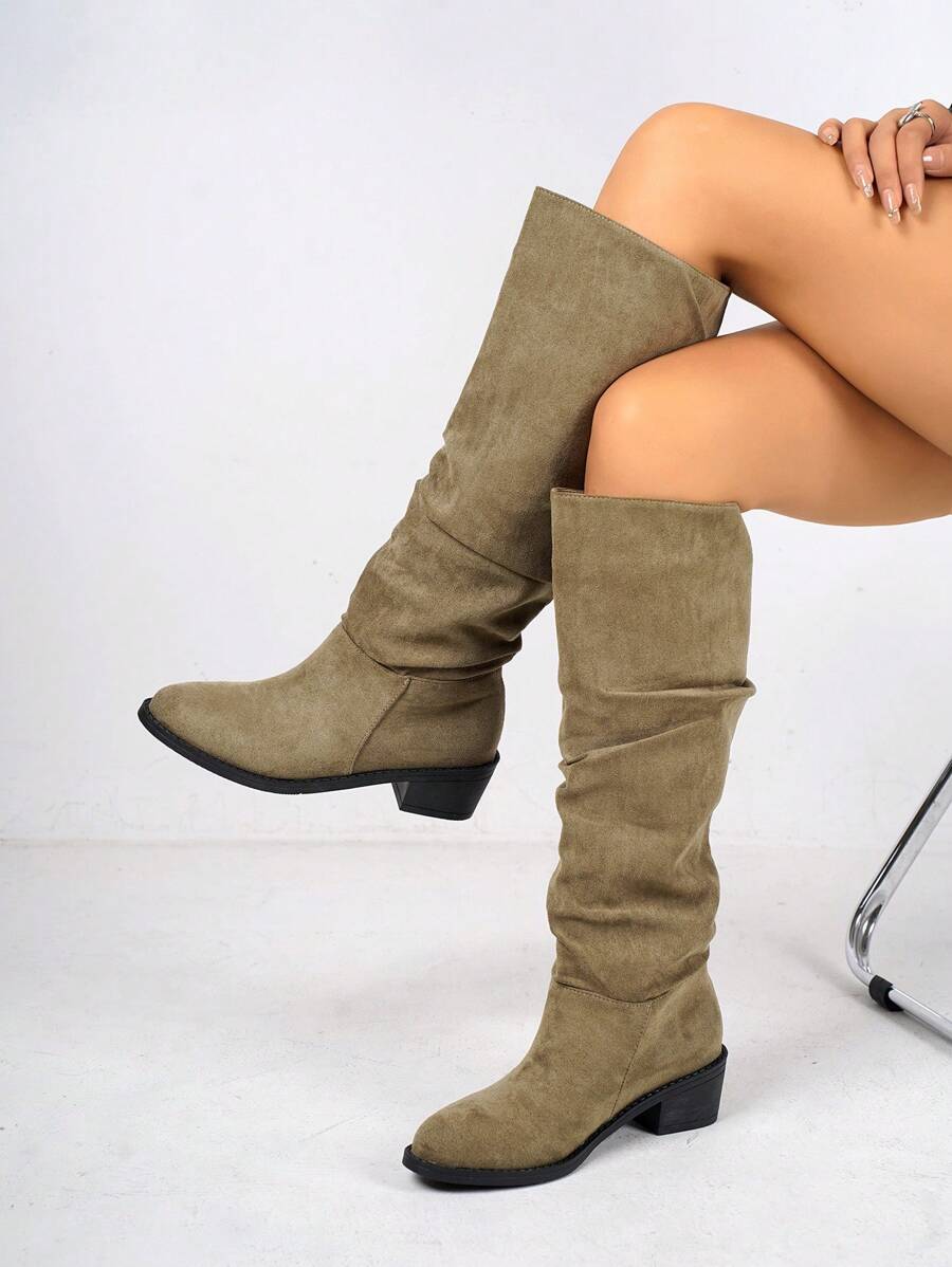 Women's Fashion Casual Pleated Pointed Toe Slip-On Suede Motorcycle Boots, Thick Heel Western Boots For Autumn, Green Tall Boots, Women's Rubber Shoes For Winter, Purple Boots, Women's Mid-Calf Boots, Women's Fashionable Boots, Women's Shoes