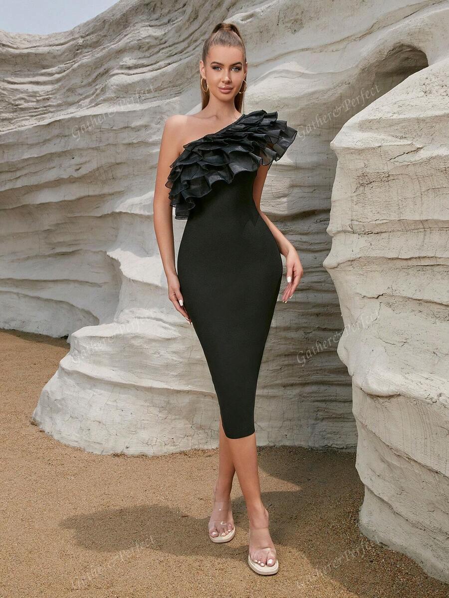 1 pieza Vestido de partido ceñido de cuello asimétrico y cintura alta de malla, vestido de invitada para boda, para cóctel