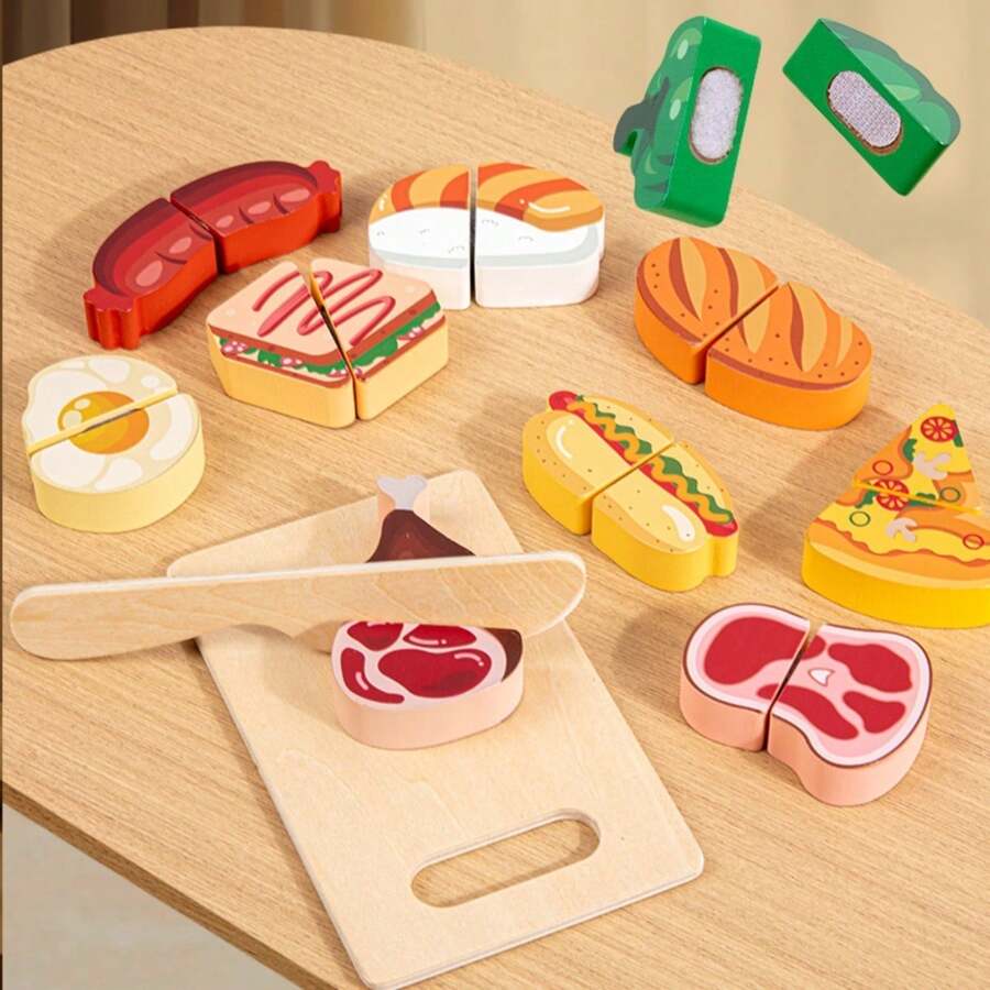 Juego de cocina de madera con frutas y verduras de juguete, set de alimentos de juego, juguetes de madera, alimentos de madera
