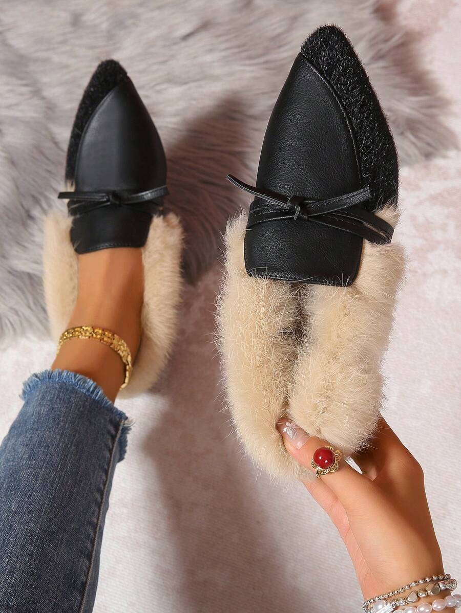 Fashionable Fluffy Flat Shoes, Fluffy Lining Warm Winter Casual Slip-On Shoes With Bow Decor, Pointed Toe, Rubber Sole For Outdoor/Daily Wear Valentines