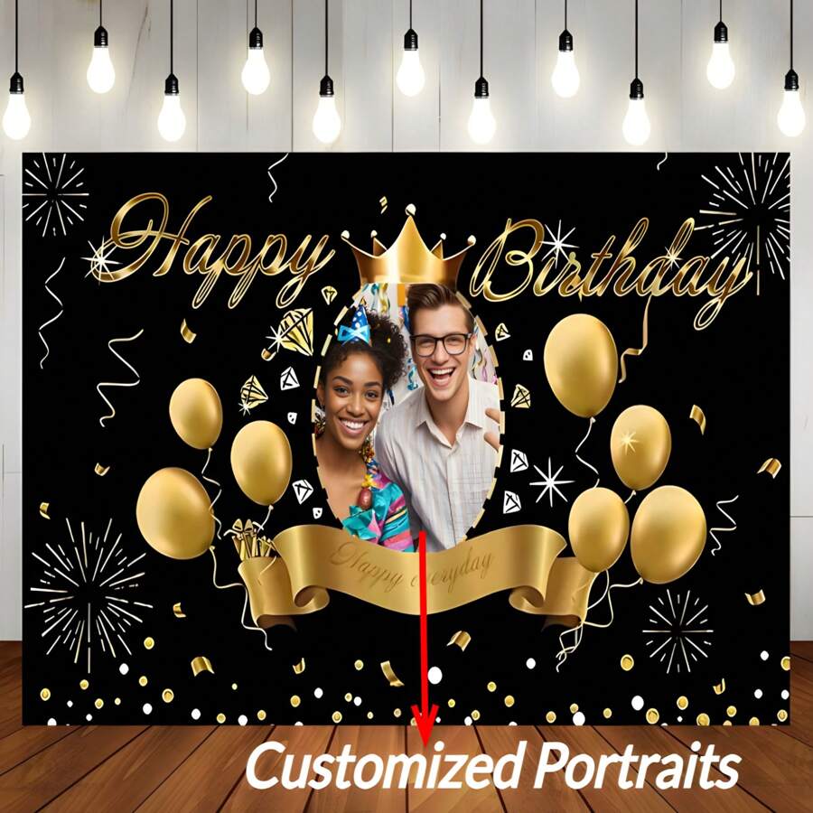 Zwarte en gouden achtergrond, aanpasbaar portret, gelukkige verjaardag, achtergrondstof, gouden ballonnen, vuurwerklinten, aangepaste portretontwerpen voor verjaardagsfeestjes, taart, tafeldecoratie, banner, vinyl