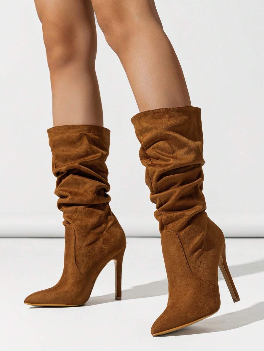 Women's Brown Pointed Toe High Heel Faux Suede Ankle Boots, Warm, Pleated, Versatile, Party & Casual Mid-Calf Boots, Autumn/Winter,Perfect With Dresses