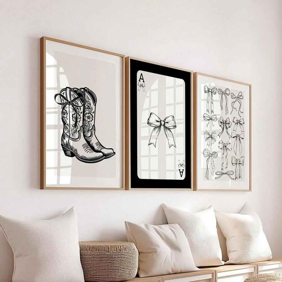 Set von 3 ungerahmten Postern im Westernstil mit schwarzen Schleifen und Cowgirlstiefeln, retro, Preppy-Kunst, Girlie-Zimmer-Dekoration, minimalistische Leinwandmalerei, Muster, funkiger Vintage-Wandbild, ideal als Geschenk für Studentenwohnheim, Apartment, Mädchenzimmer, Schlafzimmer, Wohnzimmer, moderne Heimdekoration