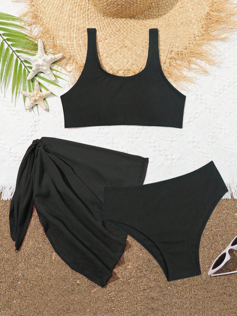2024 Tween Girl Snakeskin Print Solid Color Swimwear 3-Piece Set