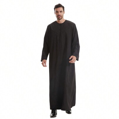 Arabic Man Plain Color Handmade Button Front Long Robe