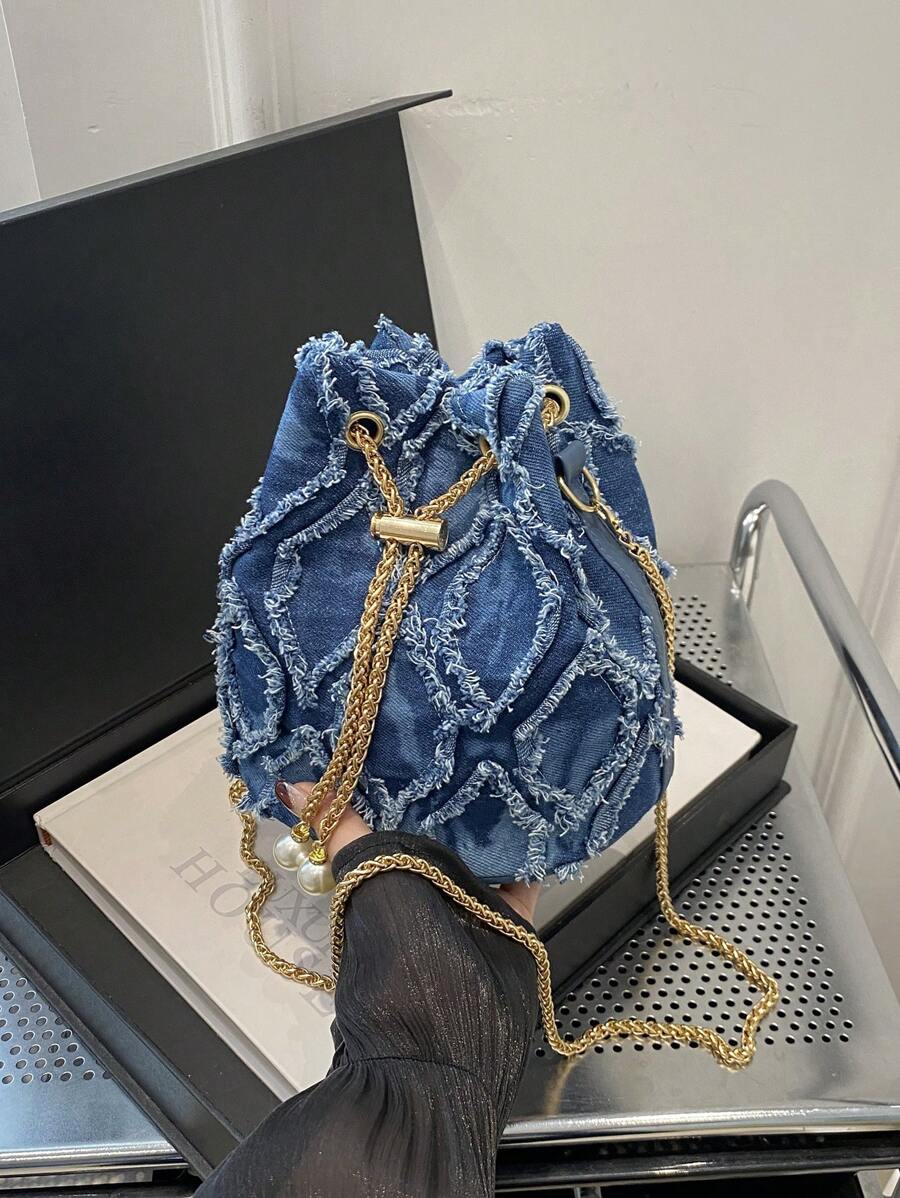 Bolso cubo de hombro con diseño de cordón y apertura con forma de diamante de unicolor y metal de moda, adecuado para compras