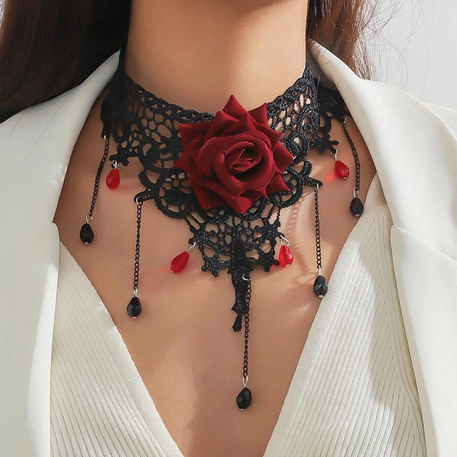 1 Stück Gotischer Spitzenschmuck mit grünem Edelstein Choker Halskette, einzigartiges Design