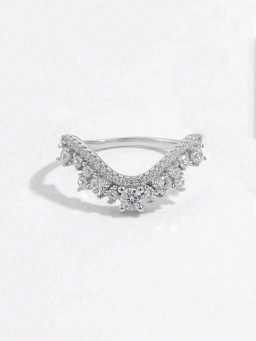 Vaerine 1 stuk Glanzend , Elegant , Nobel , En Stijlvol Sterling zilver Twee lagen Ring Met Cubic Zirkonia & Pijl Gevormd Ontwerp , Geweldig Geschenk Voor Vrouwen Hanger tonen A Date Bruiloft Verloving Bruidssieraden