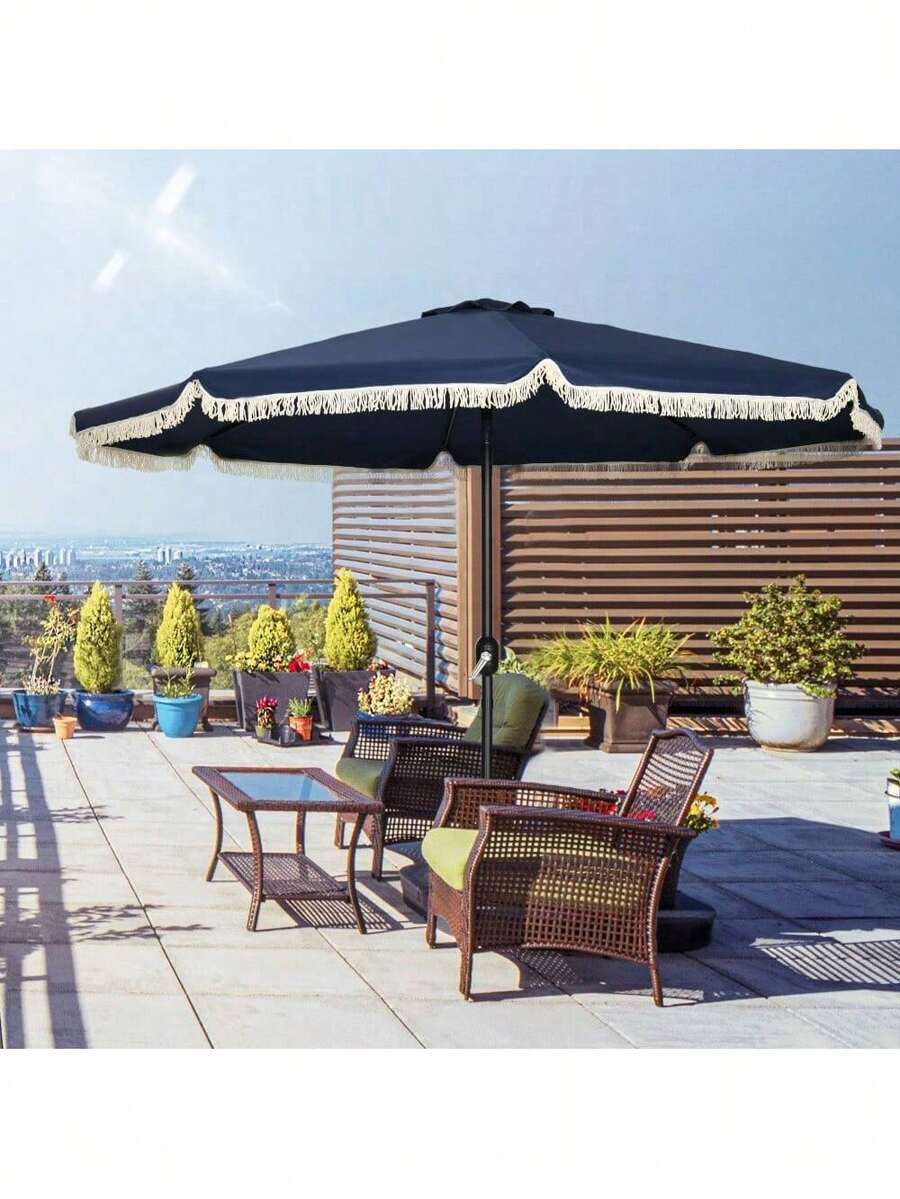 Outsunny 9ft Patio Umbrella With Push Button Tilt And Crank, Ruffled Outdoor Market Table Umbrella With Tassles And 8 Ribs, For Garden, Deck, Pool, Dark Blue,CozyNest9