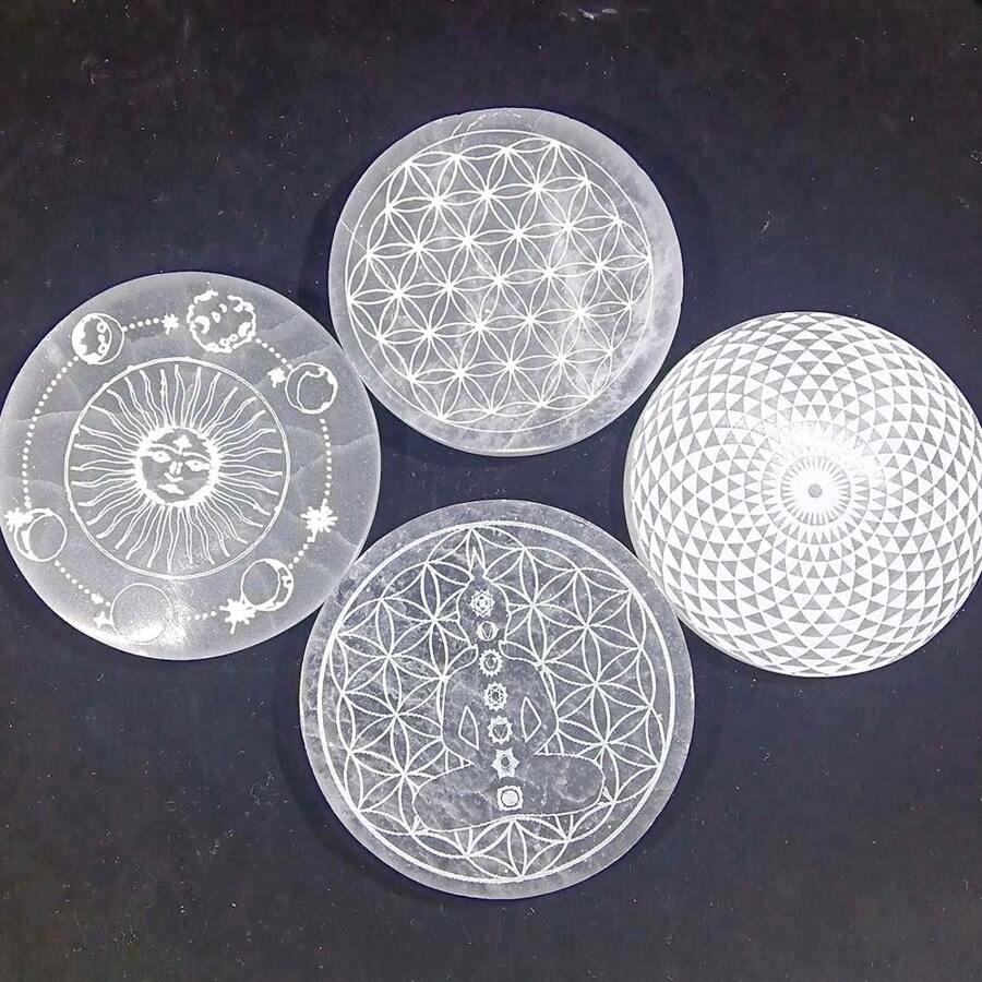 1PC 10CM Natural Crystal Selenite Slice Slab Sun Moon White Gypsum Charging Plate Cleansing Tree Of Life Energy Stone Meditation Divination Fengshui