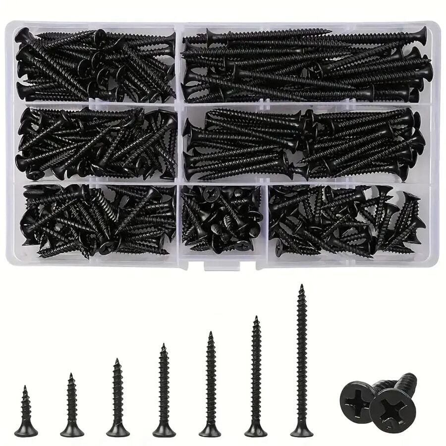 Set de 105/230 piezas de tornillos autoperforantes, conjunto de tornillos de acero al carbono negro, tornillos planos de cabeza cruzada, tornillos galvanizados para madera para carpintería, tamaños de M3.5*16-50mm