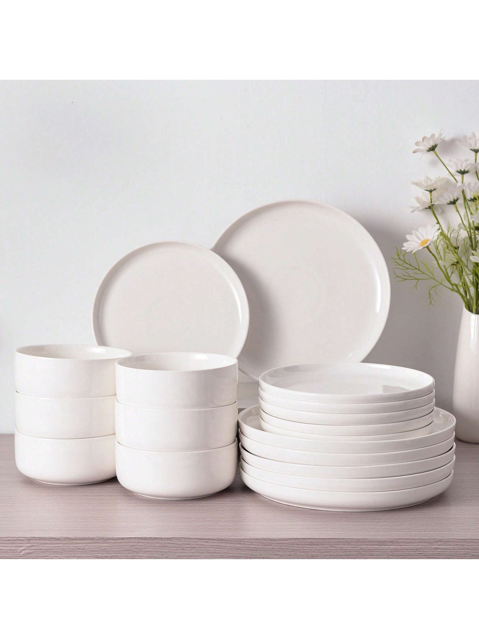 MALACASA Juego de Platos y Tazones de 18 Piezas, Vajilla Moderna de Porcelana, Vajilla de Cerámica, Vajilla de Cocina Blanca, Apta para Microondas y Lavavajillas - Sirve 6