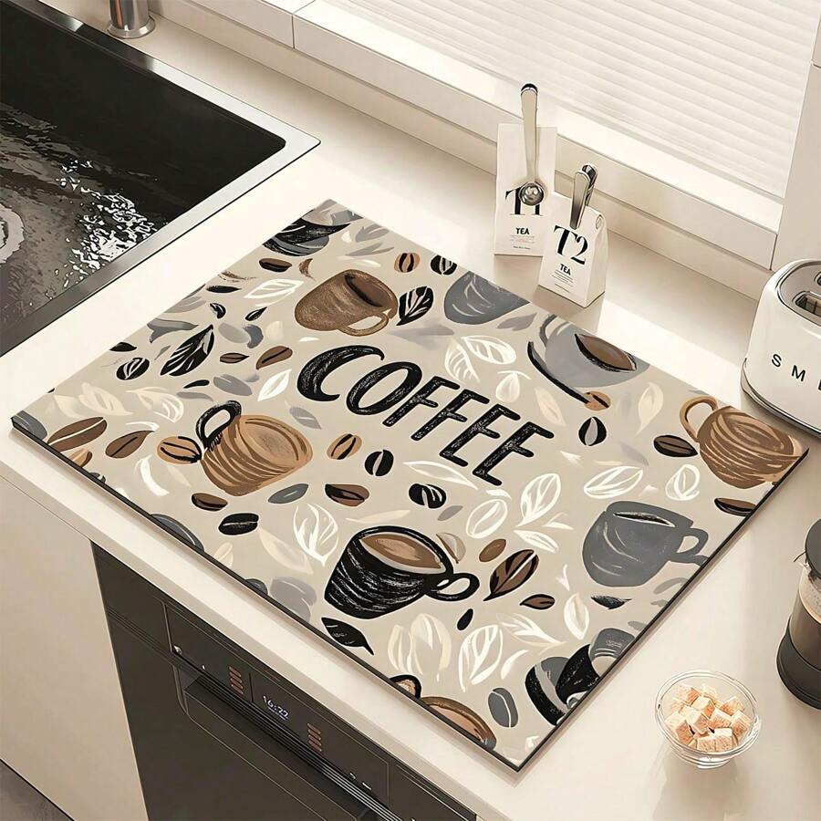 1pc Home Decor, Coffee Machine Water Absorption Mat, Counter Tableware Drying Pad, Diatomite Kitchen Dining Mat, Coffee Print Dish Drying Mat, Washable Anti-Slip Drainage Mat, Suitable For Kitchen Coffee Bar