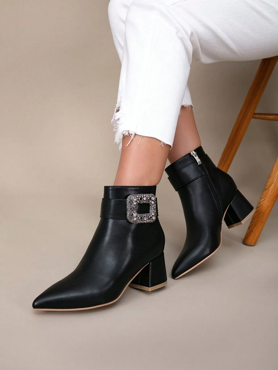 European And American Style Black Leather Point Toe Chunky Heel Ankle Boots With Side Zipper For Women, Autumn/Winter