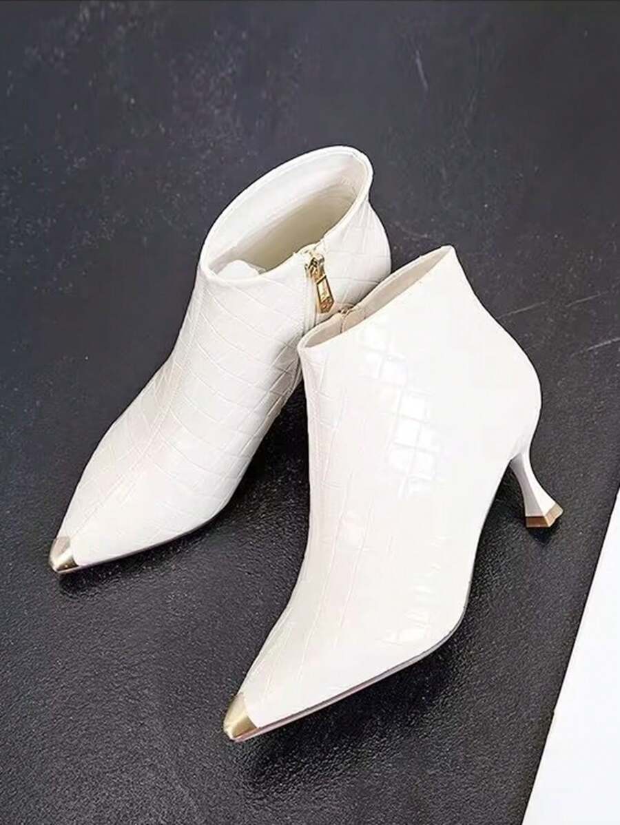 Women Pointed Toe Mid Heel Ankle Boots, Side Zipper Patent Leather Short Boots, Fashion Versatile Style Suitable For Daily Commute, Work, Date