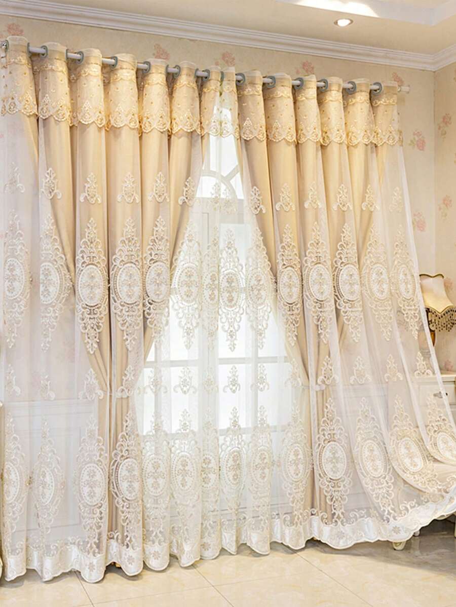 1pc Flower Embroidery Curtain, Modernist Polyester Faux Pearl Decor Blackout Curtain For Bedroom