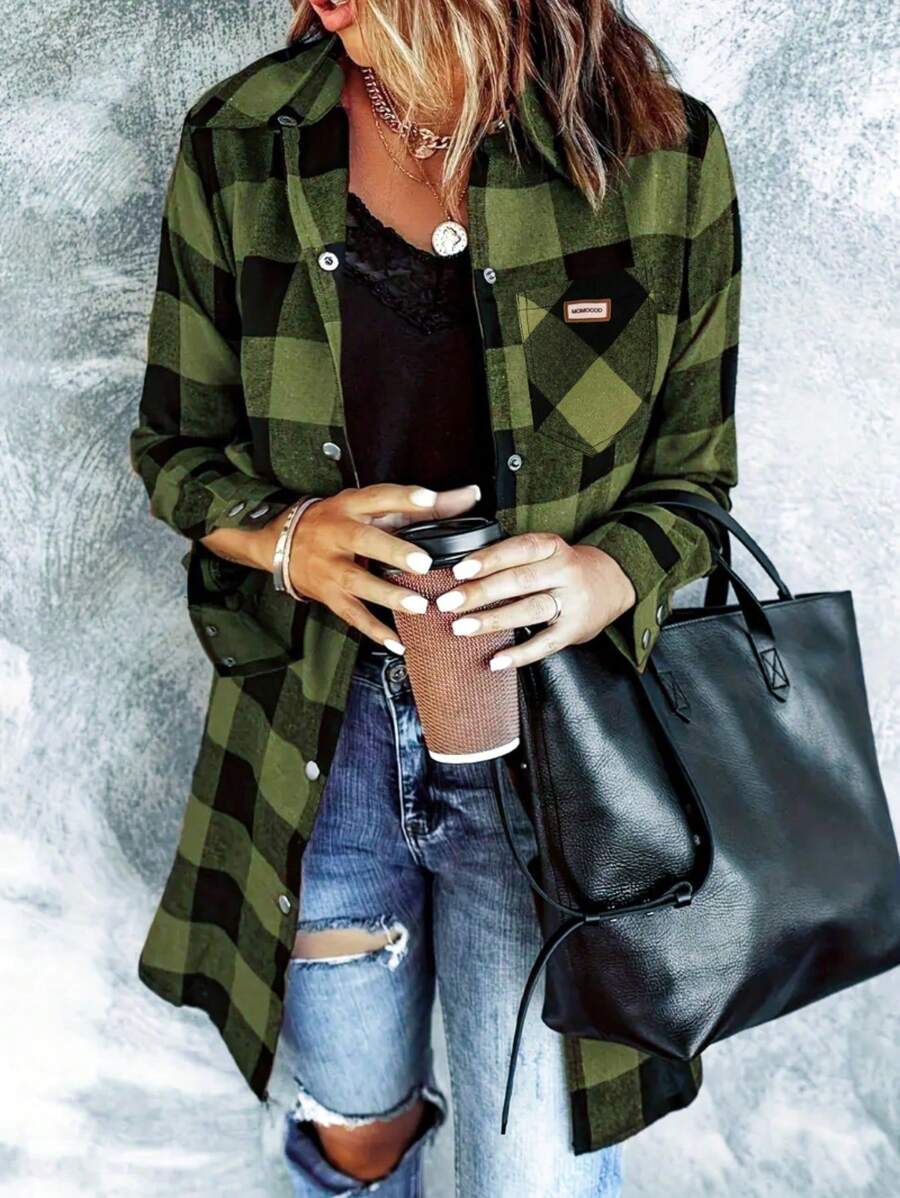 Flanell für Frauen 2024 Herbstmode Langarm Plaid Button Down Shirts Shacket Bluse Top mit Taschen
