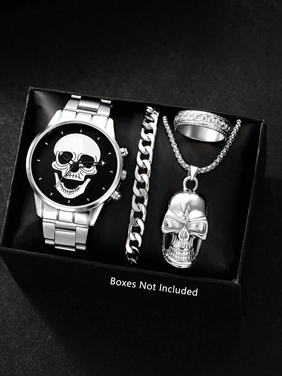 Men's Watch 4 Pieces Set Personalized Skull Circular Disc Quartz Watch And Pendant Necklace, Ring, Bracelet Set, SSuitable For Daily Wear, Back-To-School Season, Graduation Season, Thanksgiving, Couples, The Best Gifts Watch Box Not Included