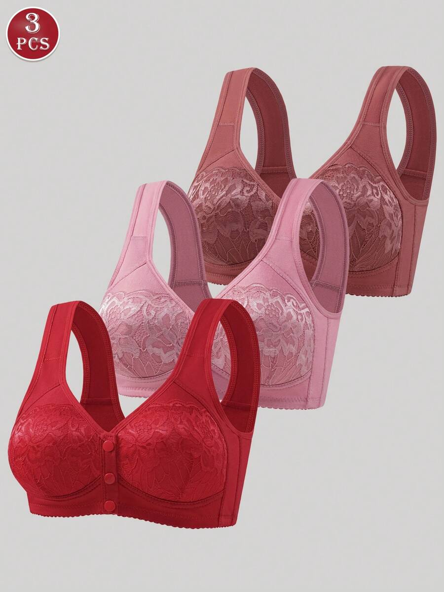 3 peças Conjunto de Sutiãs com Design de Fechamento Frontal, Lingerie Feminina Macia, Confortável e Respirável