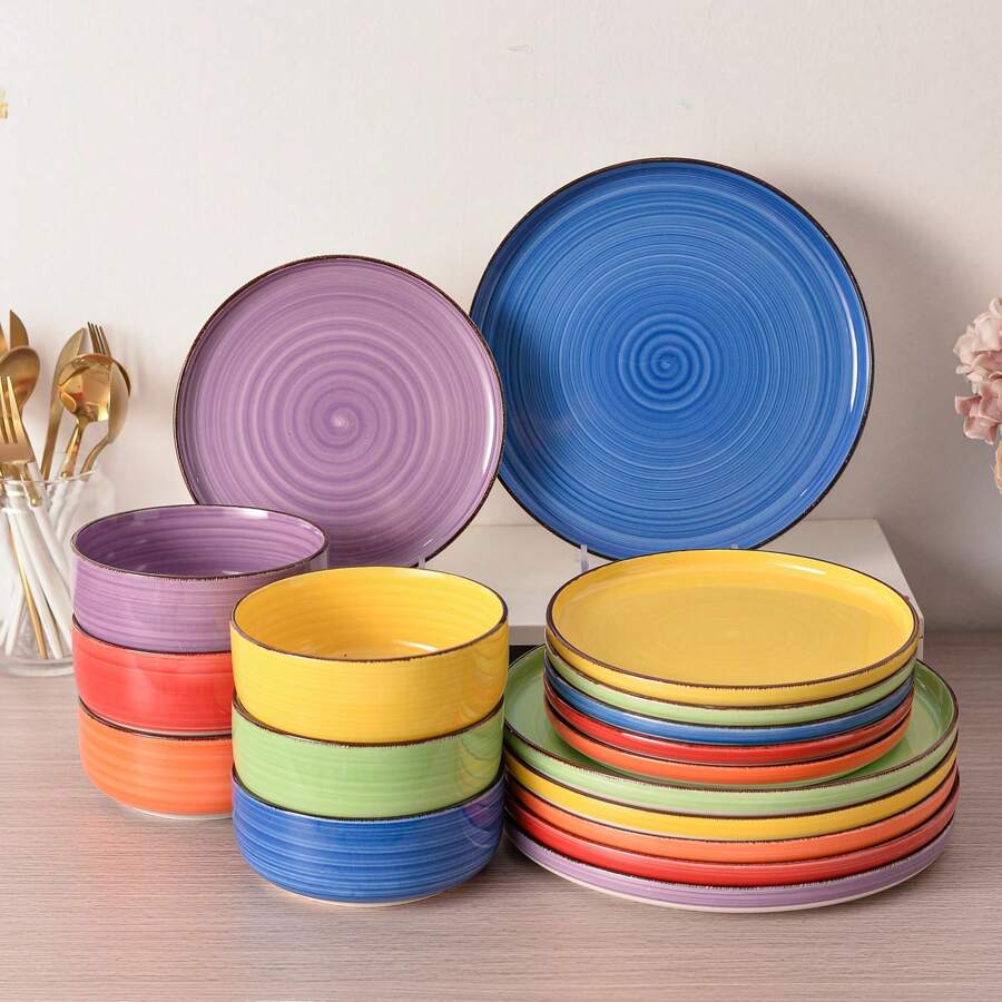 vancasso Juego de vajilla de gres multicolor de 18 piezas, platos llanos, platos de postre y tazones de cereales, juego combinado de gres con patrón en espiral pintado a mano para 6 personas