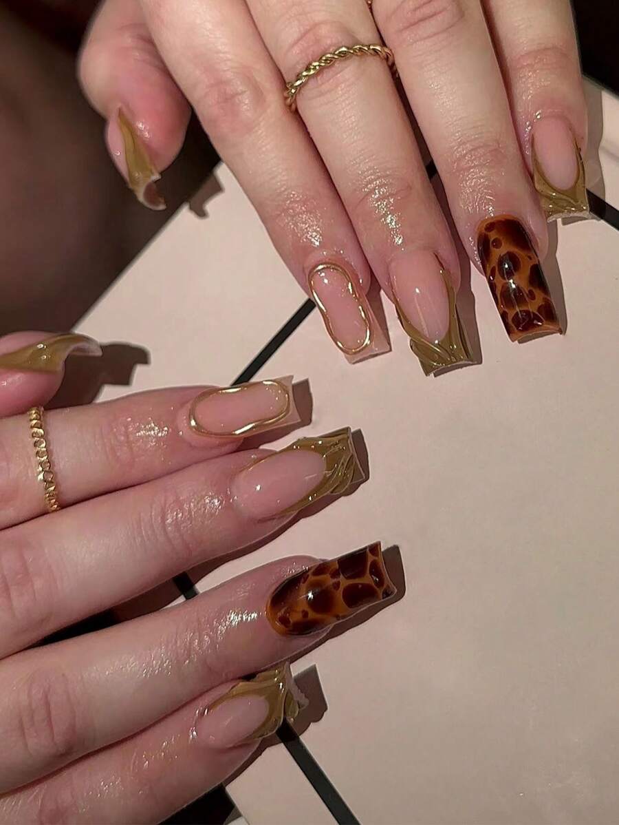 Elevate Your Style With,24pcs Y2K 3D Gelnail Makes Square Brown French Tip Press On Nails Medium Fit Perfectly Design Acrylic False Nails Set, Contain 1pc Jelly Glue And 1pc Nail File, Leopard Nails For Women And Girls DIY Daily Work, Study And Party Use