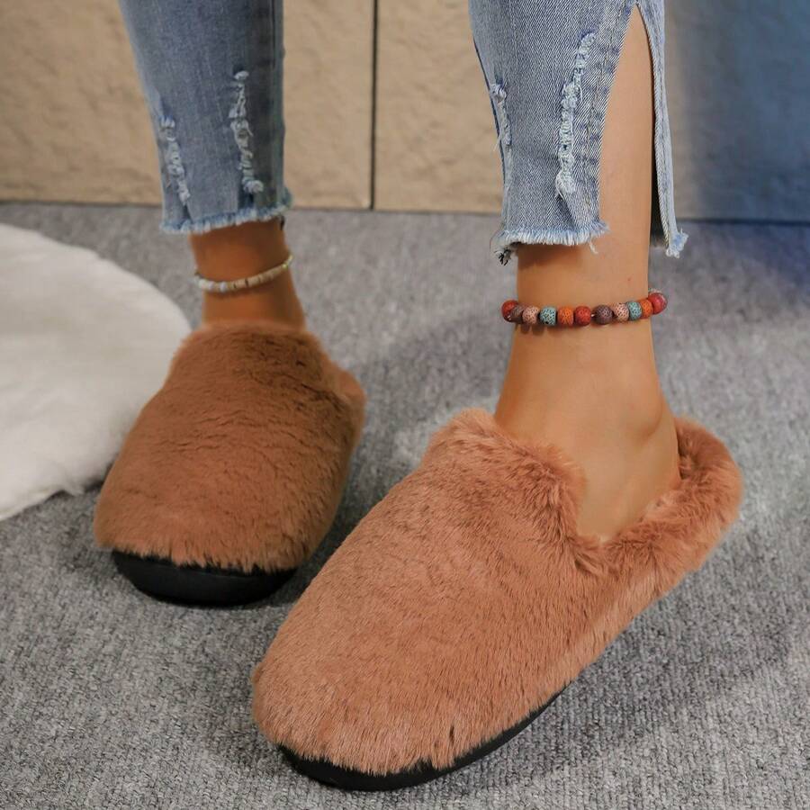 2024 Autumn/Winter Simple Black Plush Solid Color Indoor Thermal Slippers