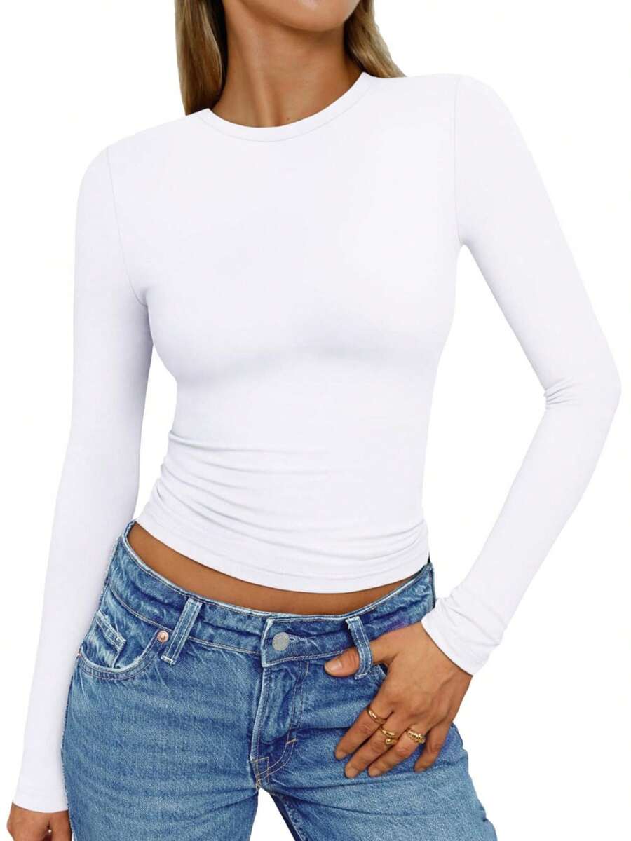 Huskary Women's Crew Neck Long Sleeve T Shirts Slim Fit Tops Sexy Basic Tee