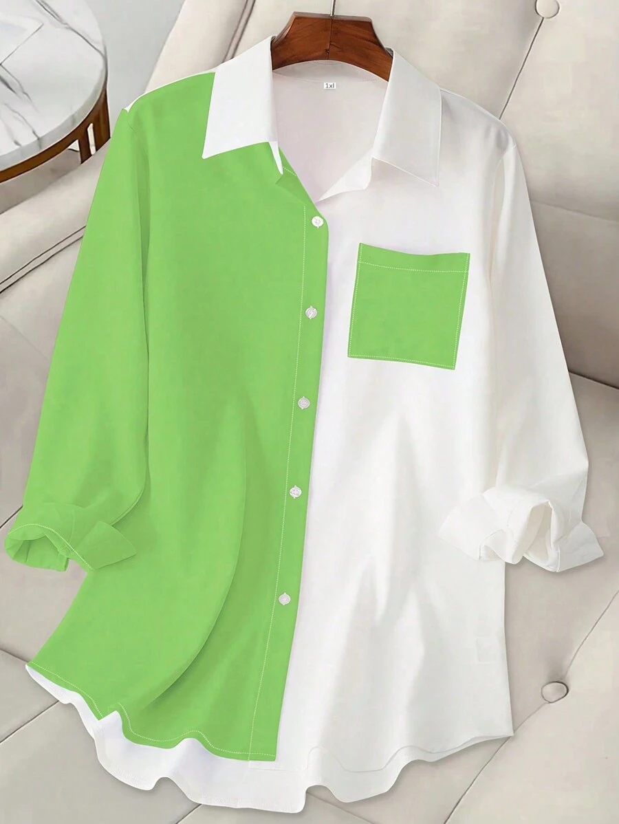 Blusa ajustada con bloques de color y bolsillos para mujer de talla grande