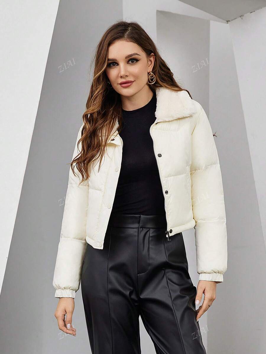 ZIAI Women Fur Collar Patchwork Short Down Jacket For Winter