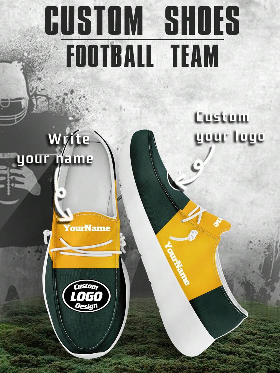 Men's Custom Logo Custom Name Loafers, Green Bay Football Designed Lightweight Comfortable London Sole Canvas Shoes For Spring, Summer, Autumn And Winter, Slouchy Loafers, Personalized Fun Unique Gift For Mom/Dad/Her/Him/Girlfriend/Boyfriend/Wife/Husband/Friend