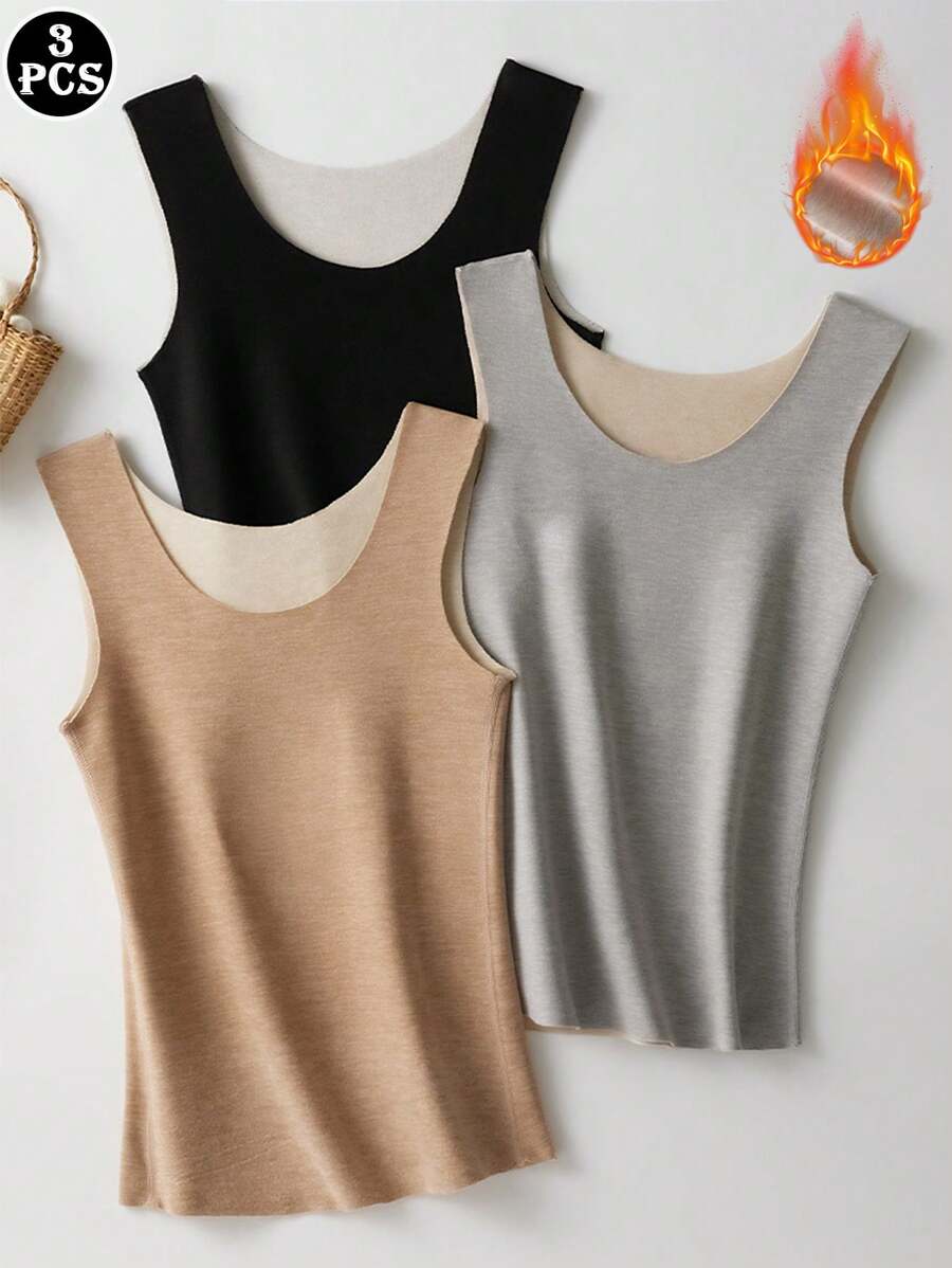 3pcs Women's Warm Rib-Knit Reversible Thermal Lined Tank Top, Solid Color