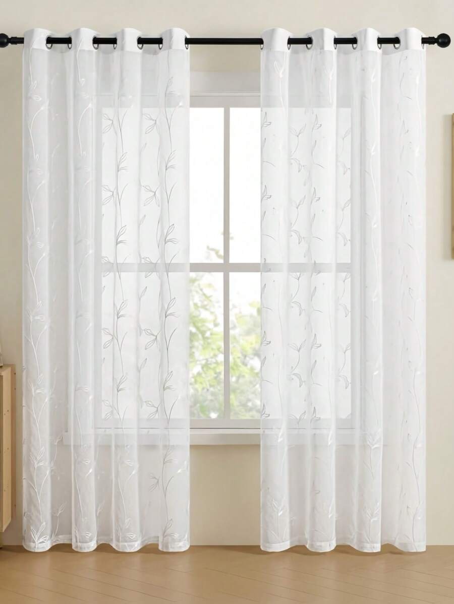 2 Stück weiße transparente Vorhänge mit salbeigrünem Blumenmuster, Ösenfalten, halbtransparent, geeignet für Schlafzimmer, Wohnzimmer, Balkon, Land-, Farmhaus-Stil