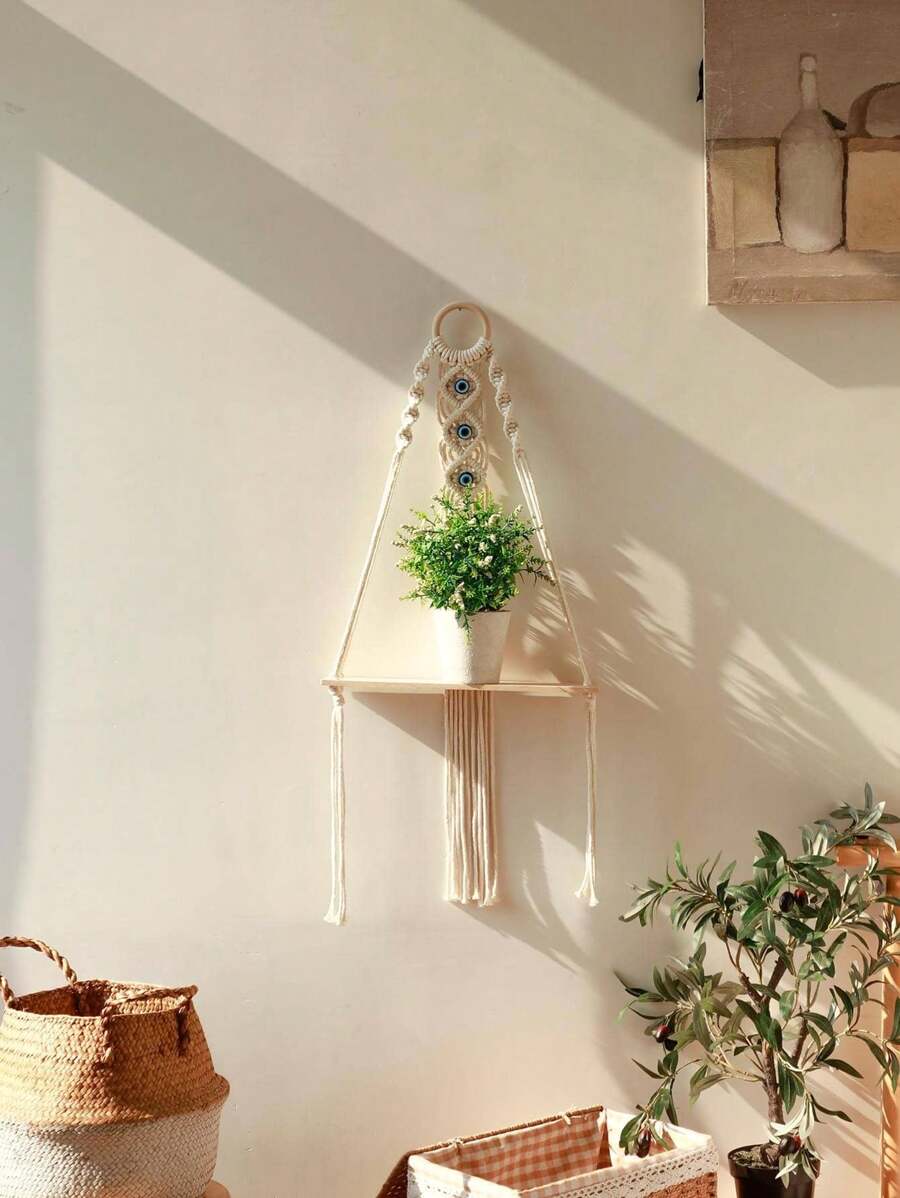 Wisząca półka makramowa z frędzlami - boho ścienna drewniana półka do wystroju domu, ręcznie robiona półka z liny z wzorem oka do salonu, sypialni lub biura, idealna do eksponowania roślin i małych przedmiotów dekoracyjnych