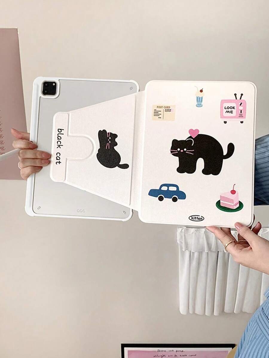 1pc Cute Cartoon Cat Cake Letter Double-Sided Colorful Acrylic Transparent Crystal Clear Protective Case With Pen Slot, Compatible With Huawei IPad Mini, 360 Degree Rotatable, Sleep/Wake Function