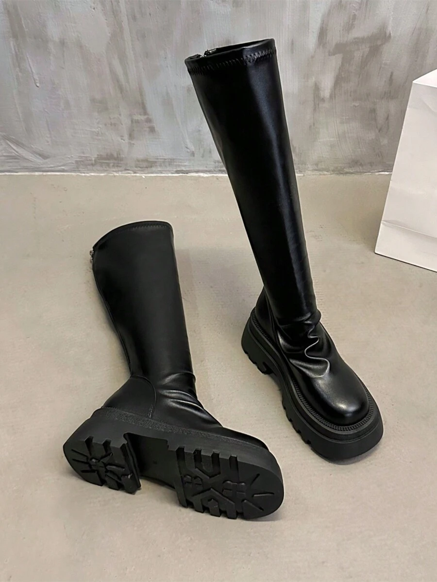 Women's Thick Sole Over-The-Knee Boots, Slim Fit, Back Zipper, Comfortable Black Knight Boots, Simple Stylish Long Shaft, Suitable For Autumn/Winter