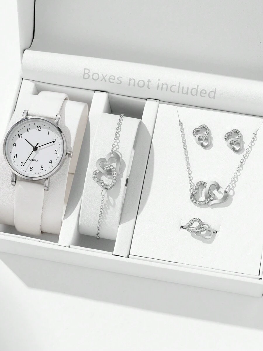 JasonRolls 6 Stücke/Set, Damen Uhr, modisch und einfaches Legierung Kleingehäuse Weiß, bequemes PU Armband Damen Uhr, Schmuckset, Halskette, Armband, Ohrringe, Ring Uhr Armband Set, geeignet für tägliches Kombinieren, Geschenk
