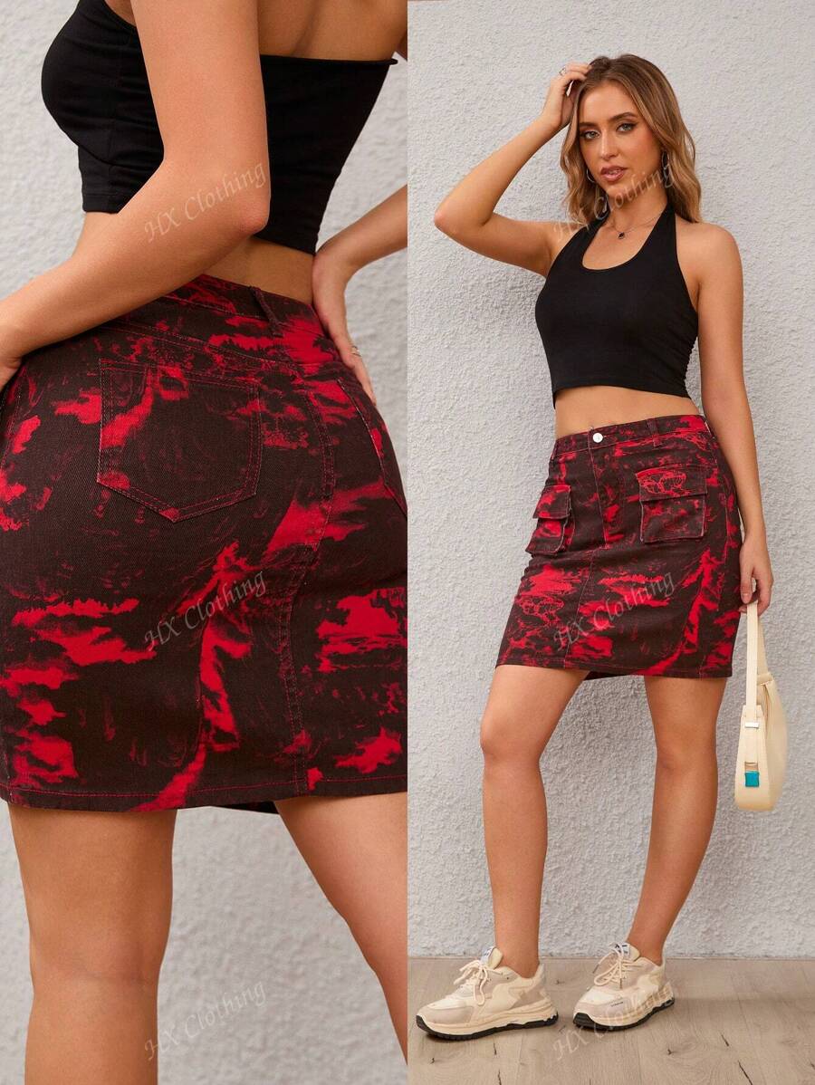 Women's Fashionable Casual Vintage Tie-Dye Print Denim Skirt
