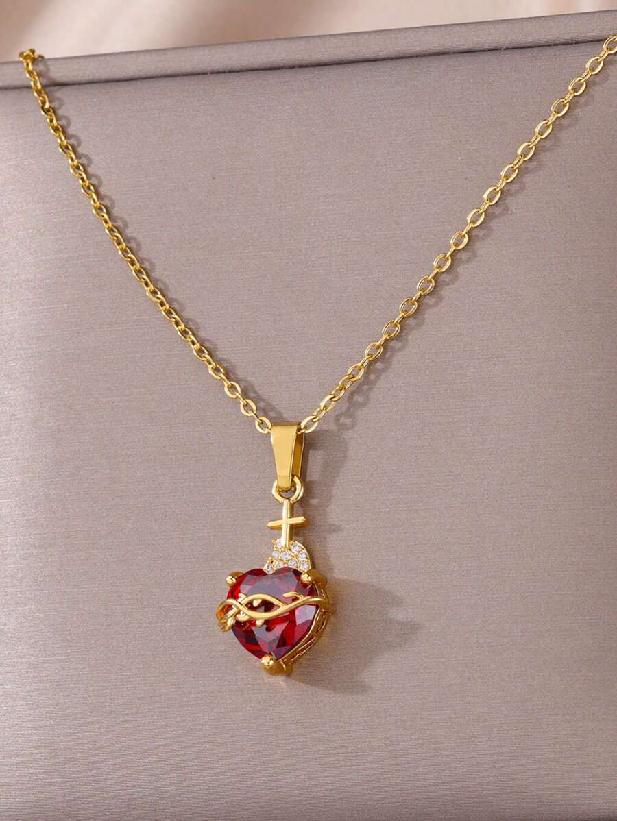 1 pièce Collier Cœur Immaculé de Marie Délicat Pendentif en Forme de Cœur Rose en Zirconium Chaîne en Acier Inoxydable Bijoux Catholiques Accessoires Mode pour la Saint-Valentin