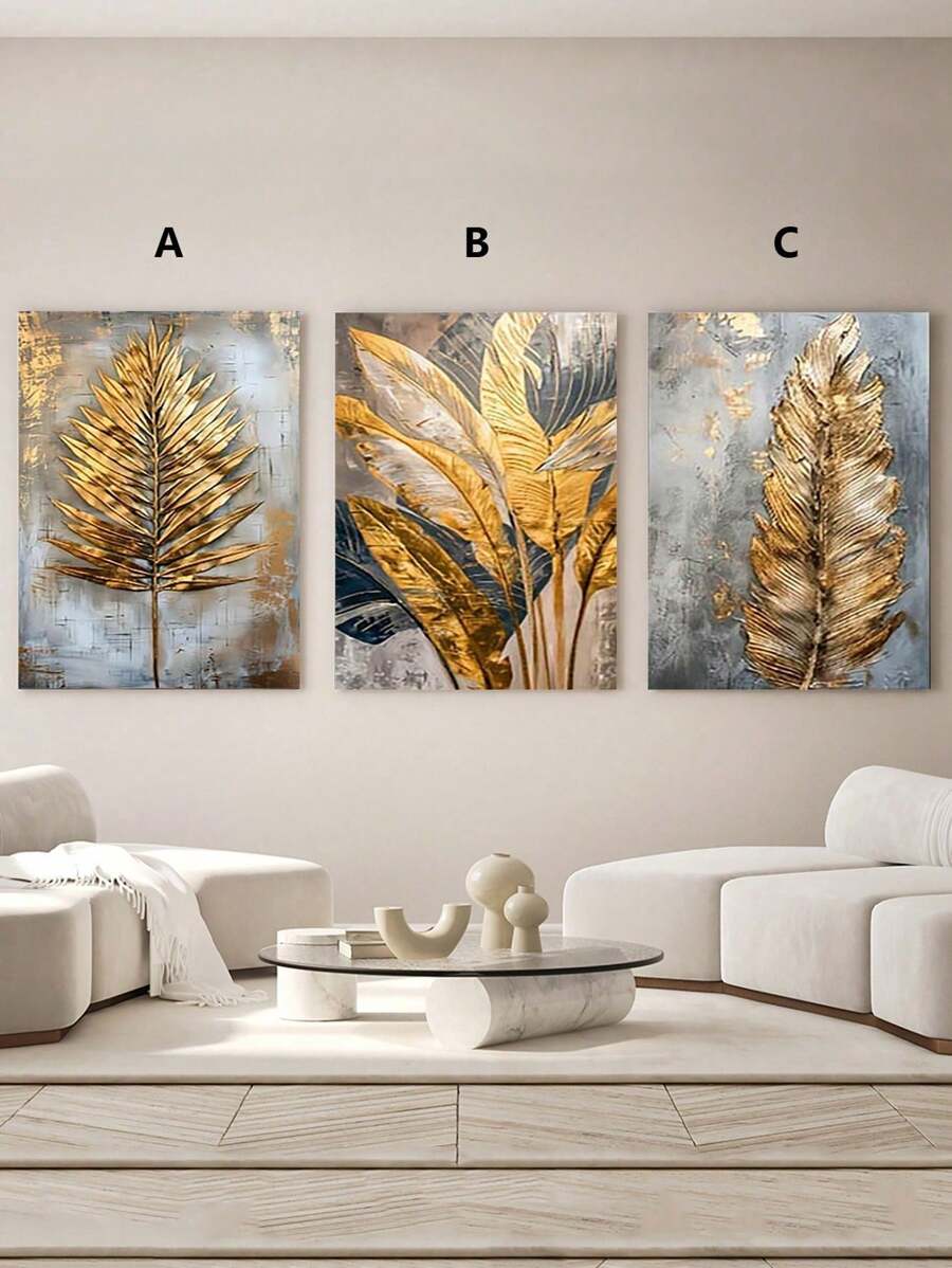 3pcs Golden Leaf And Feather Art Painting - Modern/Classic Style, Golden Color, Leaf Pattern, Ink On Canvas, Wood Frame, For Bedroom/Living Room/Home Office/Cafe/Bar, Indoor/Outdoor Wall Decoration, Vertical Orientation, Suitable For Summer/Autumn Season, Fashion Theme,Framed Poster/Art Print, Gifts Birthday Graduation